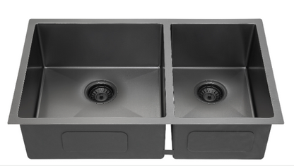 SUS304 Double Bowl Mini Nano Kitchen Sink c/w Roll Up Rack & Basket - Nano Black