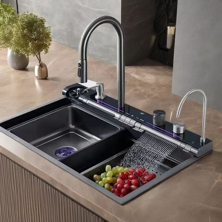 SUS304 Single Bowl Mini Nano Kitchen Sink SB-20044 c/w Tray, Basket, Chopping Board and PM-20045 Multifunction Pillar Mixer - Mini Black