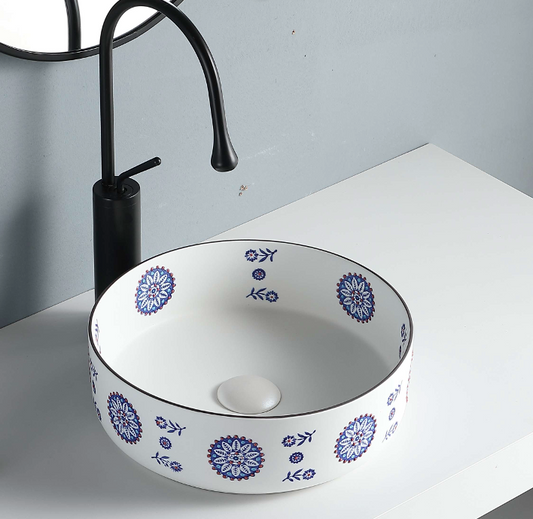 Round Above Counter Wash Basin c/w Waste - White with Blue Pattern