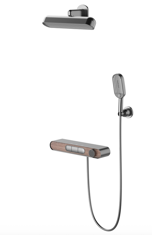 Conceal Bath Diverter Set c/w Rain Shower Set and Hand Shower Set - Grey + Wood Design