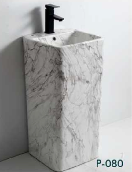 Square Free Standing Wash Basin c/w Waste - Marble White