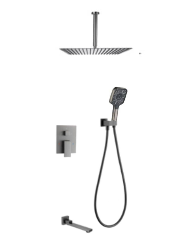 Conceal Bath Diverter Set c/w Rain Shower Set, Hand Shower Set and Wall Spout - Grey