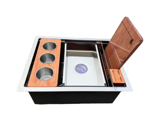 SUS304 Single-Tier Single Bowl Mini Nano Workstation Sink c/w Wooden Chopping Board, Caddy with Knife Block, Colander and Sauce Plate