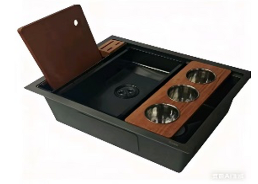 SUS304 Single-Tier Single Bowl Mini Nano Workstation Sink c/w Wooden Chopping Board, Caddy with Knife Block, Colander and Sauce Plate
