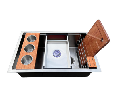 SUS304 Single-Tier Single Bowl Mini Nano Workstation Sink c/w Wooden Chopping Board, Caddy with Knife Block, Colander and Sauce Plate
