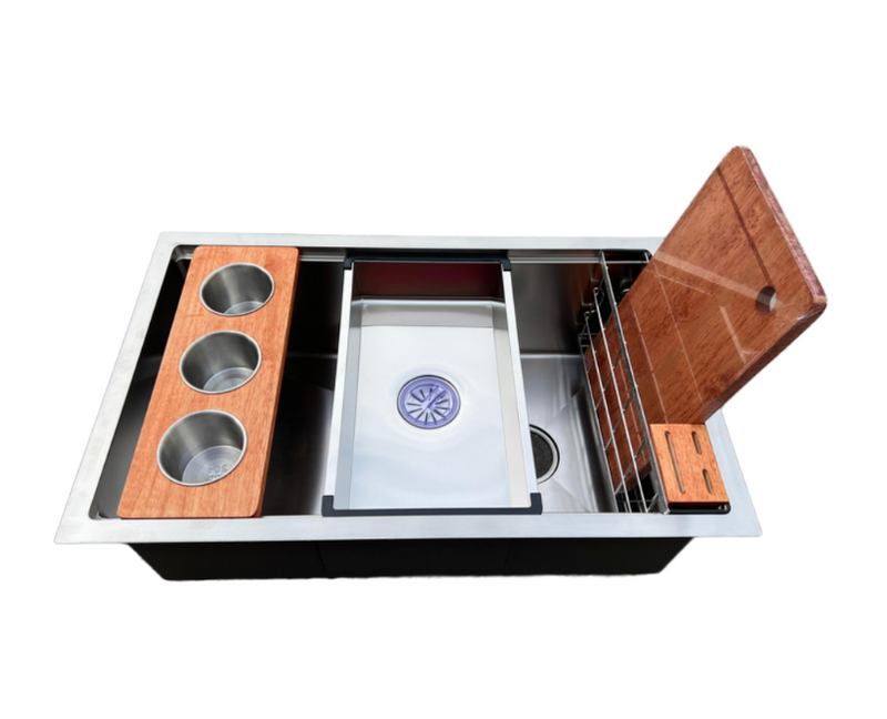 SUS304 Single-Tier Single Bowl Mini Nano Workstation Sink c/w Wooden Chopping Board, Caddy with Knife Block, Colander and Sauce Plate