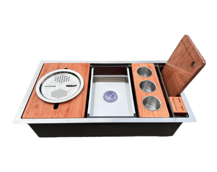 SUS304 Single-Tier Single Bowl Mini Nano Workstation Sink c/w Wooden Chopping Board, Caddy with Knife Block, Colander, Sauce Plate, Cutter & Mixing Bowl Tray