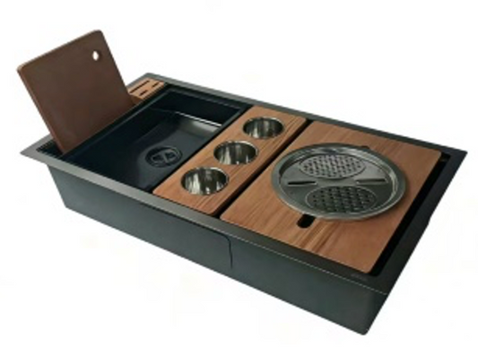 SUS304 Single-Tier Single Bowl Mini Nano Workstation Sink c/w Wooden Chopping Board, Caddy with Knife Block, Colander, Sauce Plate, Cutter & Mixing Bowl Tray - Black