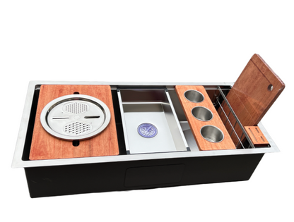SUS304 Single-Tier Single Bowl Mini Nano Workstation Sink c/w Wooden Chopping Board, Caddy with Knife Block, Colander, Sauce Plate, Cutter & Mixing Bowl Tray