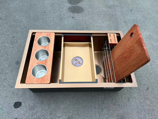 SUS304 Single-Tier Single Bowl Mini Nano Workstation Sink c/w Wooden Chopping Board, Caddy with Knife Block, Colander and Sauce Plate - Brushed Rose Gold