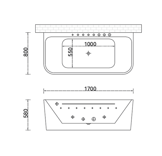 Massage Bath Tub with Faucet and Waste, with 1HP Motor, 4pcs Middle Jets, 8pcs Small Jets, 1meter Waterfall with 8pcs Led Light - White