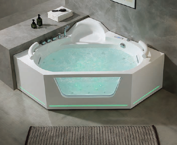 Corner Massage Bath Tub with faucet and waste c/w 12 pcs middle jets, 6 pcs small jets and 12pcs air jets