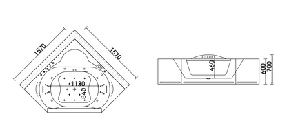 Corner Massage Bath Tub with faucet and waste c/w 12 pcs middle jets, 6 pcs small jets and 12pcs air jets