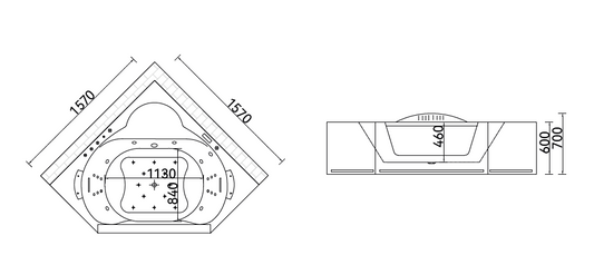 Corner Massage Bath Tub with faucet and waste c/w 12 pcs middle jets, 6 pcs small jets and 12pcs air jets