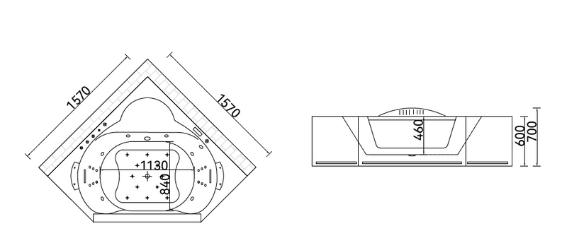 Corner Massage Bath Tub with faucet and waste c/w 12 pcs middle jets, 6 pcs small jets and 12pcs air jets