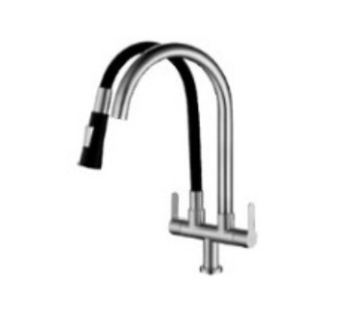 SUS304 Double Spout Pillar Sink Tap c/w Flexible Black Silicone Tap - Satin