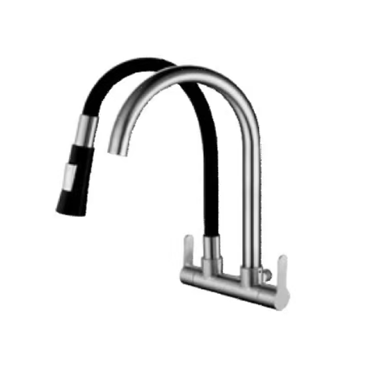 SUS304 Double Spout Wall Sink Tap c/w Flexible Black Silicone Tap - Satin