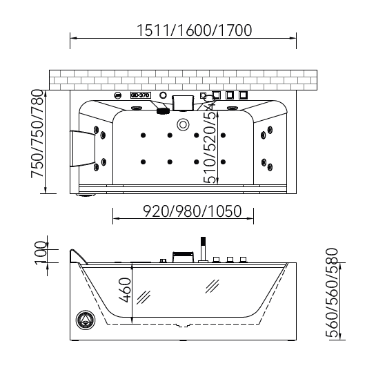 Massage Bathtub with Faucet and Waste c/w 3pcs Middle Jets, 8pcs Small Jets and 8pcs Air Jets - White