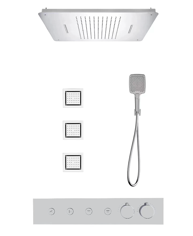 Four Function Conceal Bath Diverter Set c/w Rain Shower Set, Hand Shower Set and Massage Jets - Matt Gold