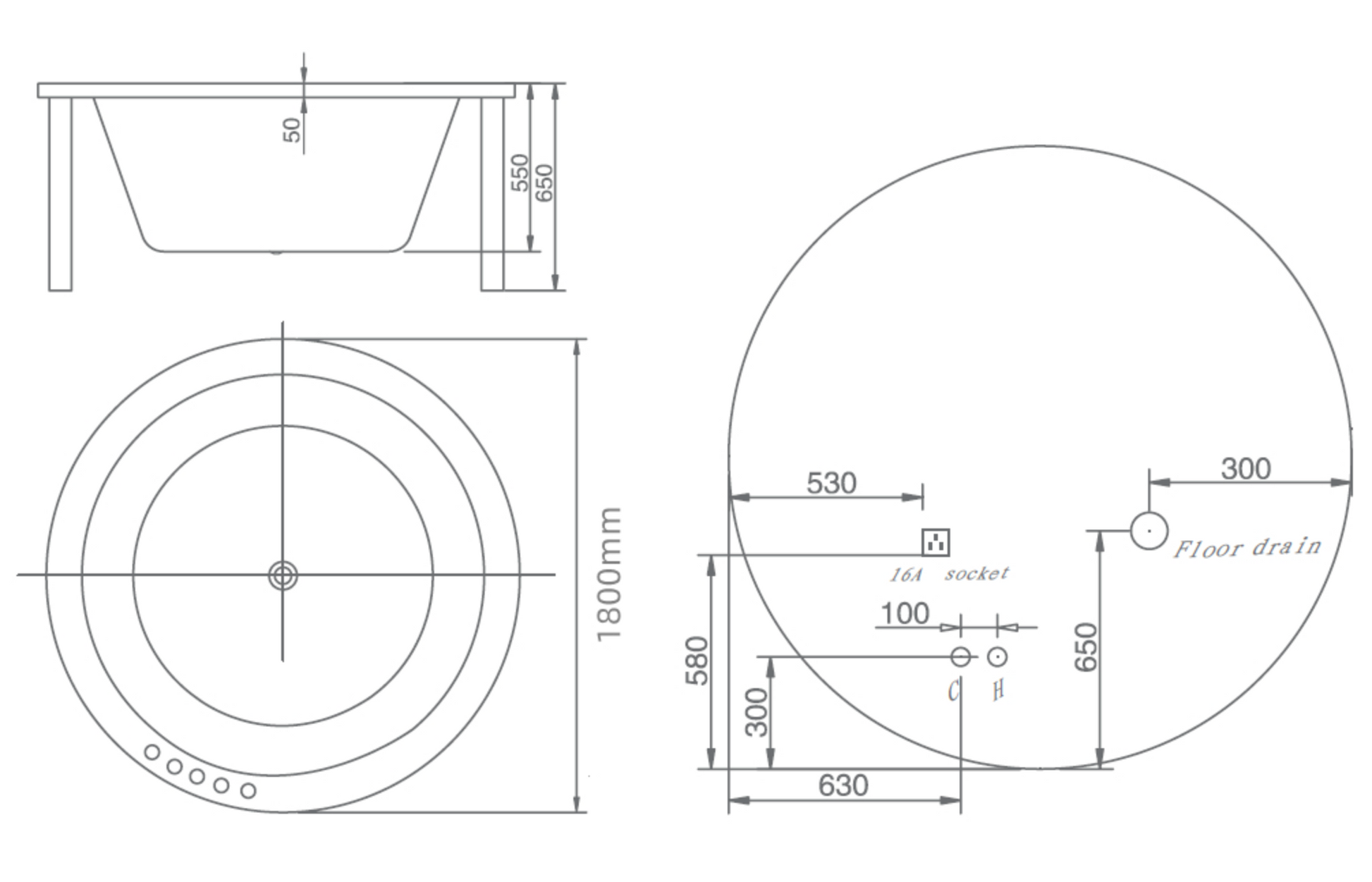 Build In Round Bathtub c/w Waste - White