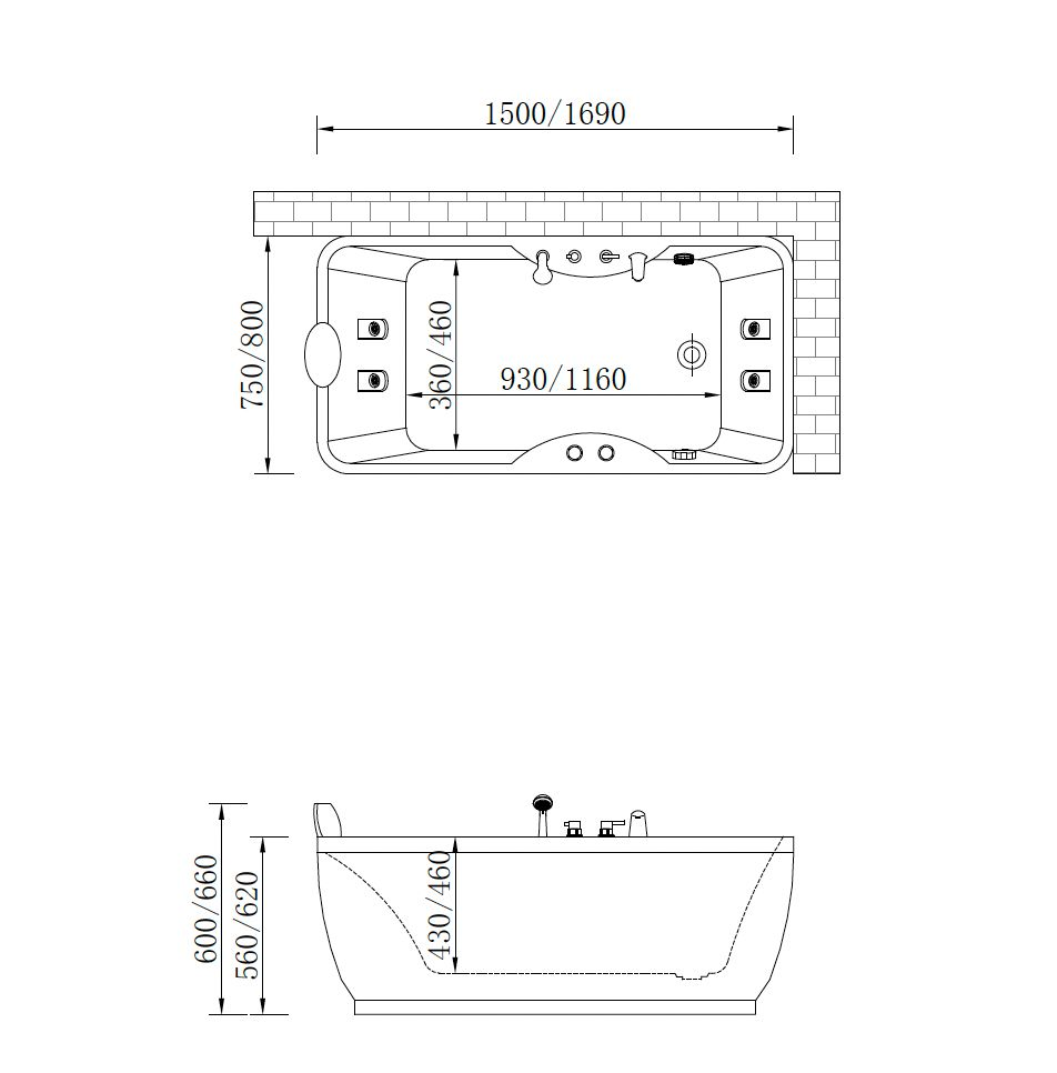 Massage Bath Tub with Faucet Set c/w 6 pcs Middle Jets - White