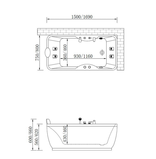 Massage Bath Tub with Faucet Set c/w 6 pcs Middle Jets - White