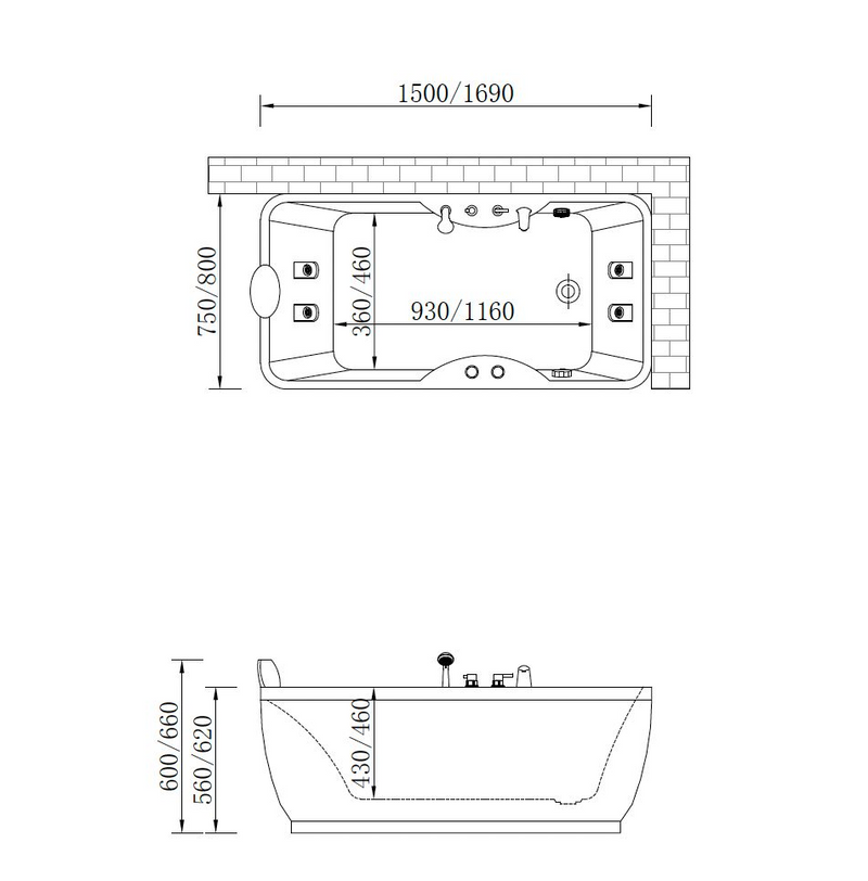 Massage Bath Tub with Faucet Set c/w 6 pcs Middle Jets - White