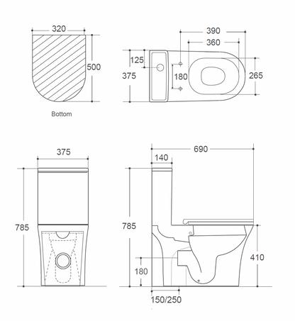 GLENZA Washdown Spinning Flush WC Complete Set c/w UF Seat Cover (S-250mm) - White