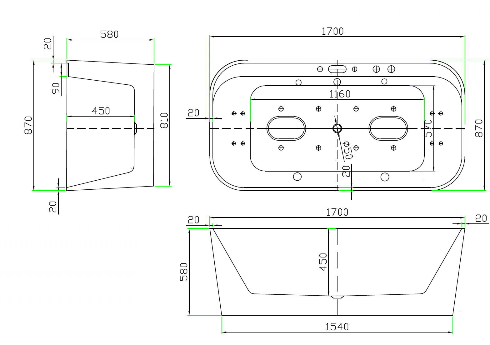 Massage Bathtub with 4pcs Big & 8pcs Small Water Massage Jets, and 8pcs Colorful LED Bubble Jets - White