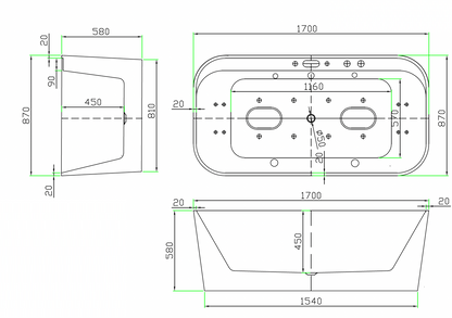 Massage Bathtub with 4pcs Big & 8pcs Small Water Massage Jets, and 8pcs Colorful LED Bubble Jets - White