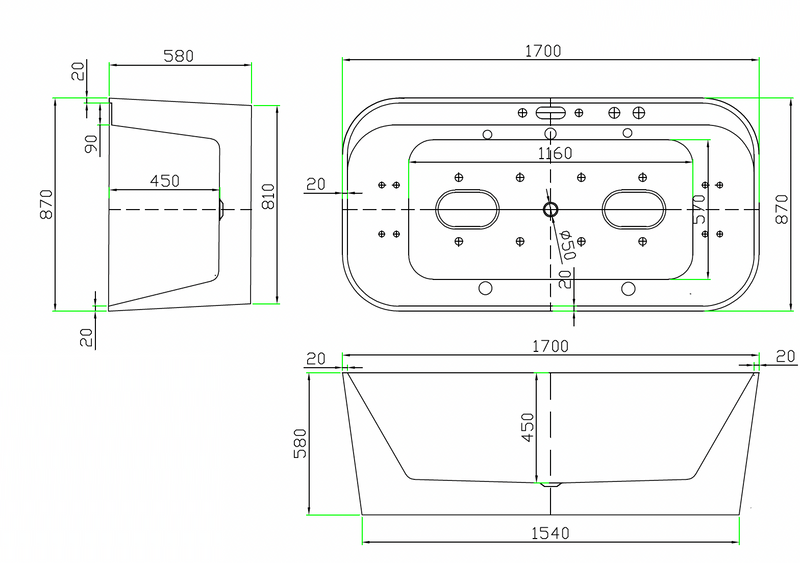 Massage Bathtub with 4pcs Big & 8pcs Small Water Massage Jets, and 8pcs Colorful LED Bubble Jets - White