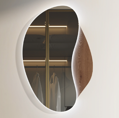 Coffee Bean LED Mirror c/w Color+Dimmer, On-Off Button and Wooden & Acrylic Frame