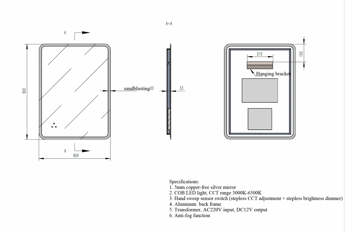 Rectangular LED Mirror c/w 3 Color+Dimmer+Defogging & Wave-On Off Button