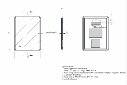 Rectangular LED Mirror c/w 3 Color+Dimmer+Defogging & Wave-On Off Button