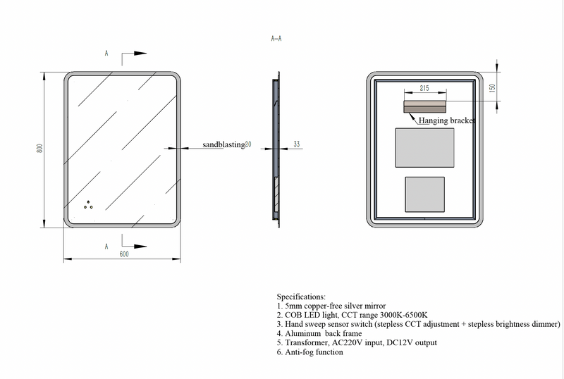 Rectangular LED Mirror c/w 3 Color+Dimmer+Defogging & Wave-On Off Button