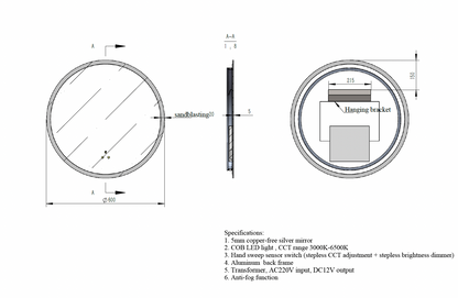 Round LED Mirror c/w 3 Color+Dimmer+Defogging & Wave-On Off Button