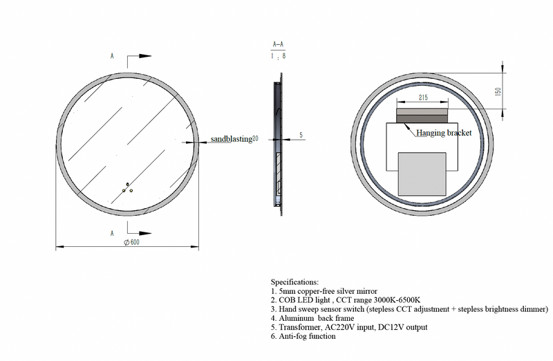 Round LED Mirror c/w 3 Color+Dimmer+Defogging & Wave-On Off Button