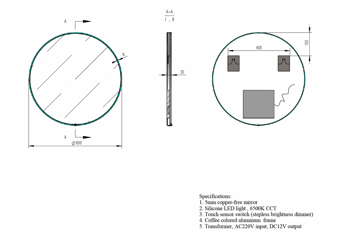 Round LED Mirror with Dimmer, On-Off Button & Aluminium Frame