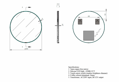 Round LED Mirror with Dimmer, On-Off Button & Aluminium Frame