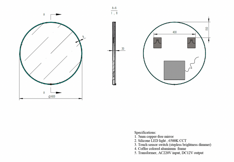 Round LED Mirror with Dimmer, On-Off Button & Aluminium Frame