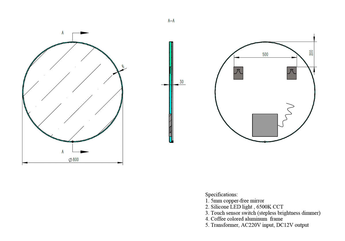 Round LED Mirror with Dimmer, On-Off Button & Aluminium Frame