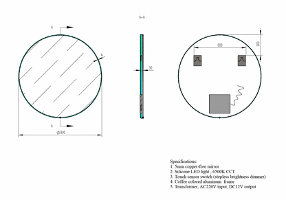Round LED Mirror with Dimmer, On-Off Button & Aluminium Frame