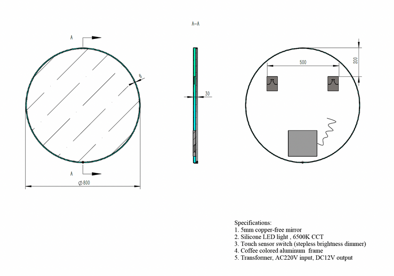 Round LED Mirror with Dimmer, On-Off Button & Aluminium Frame