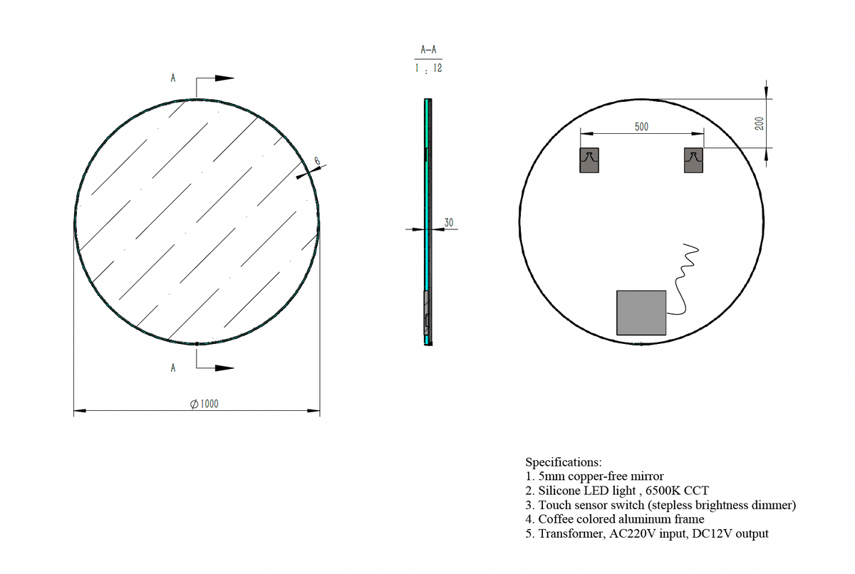 Round LED Mirror with Dimmer, On-Off Button & Aluminium Frame
