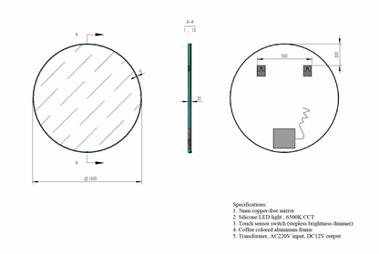 Round LED Mirror with Dimmer, On-Off Button & Aluminium Frame