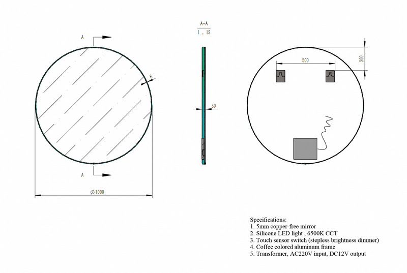 Round LED Mirror with Dimmer, On-Off Button & Aluminium Frame