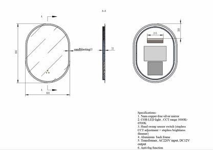 Oval LED Mirror c/w 3 Color+Dimmer+Defogging & Wave-On Off Button
