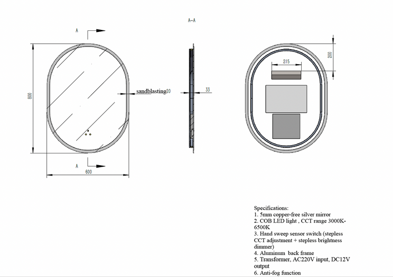 Oval LED Mirror c/w 3 Color+Dimmer+Defogging & Wave-On Off Button