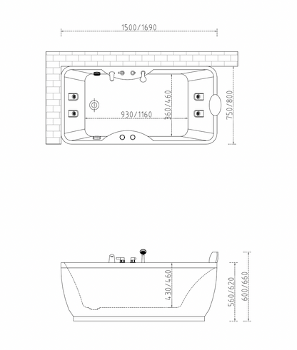 Massage Bath Tub with Faucet Set c/w 6 pcs Middle Jets - White