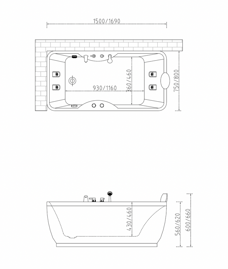 Massage Bath Tub with Faucet Set c/w 6 pcs Middle Jets - White